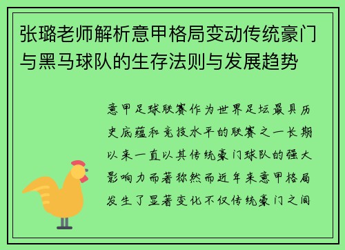 张璐老师解析意甲格局变动传统豪门与黑马球队的生存法则与发展趋势