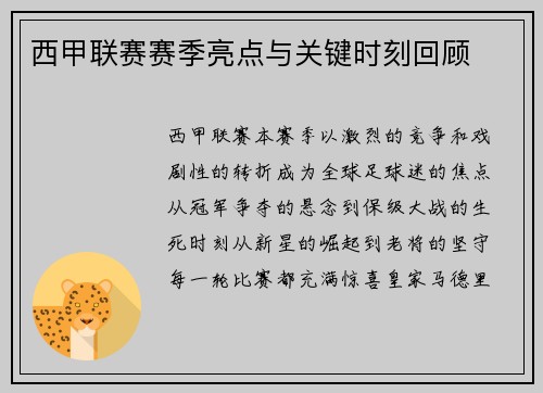 西甲联赛赛季亮点与关键时刻回顾
